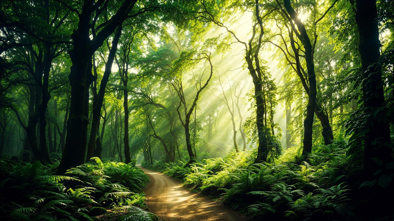 path, beautiful nature, nature wallpaper, forest, hd wallpaper, verdant, sunlight, nature background, green, ancient, ferns, dew, sunbeams, mist, peaceful, morning, desktop wallpaper, nature, landscape